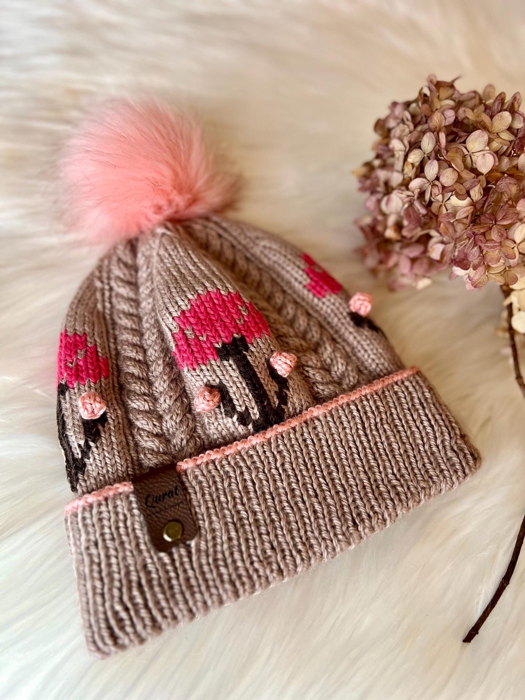 Blossom beanie, Pink, flower embroidery